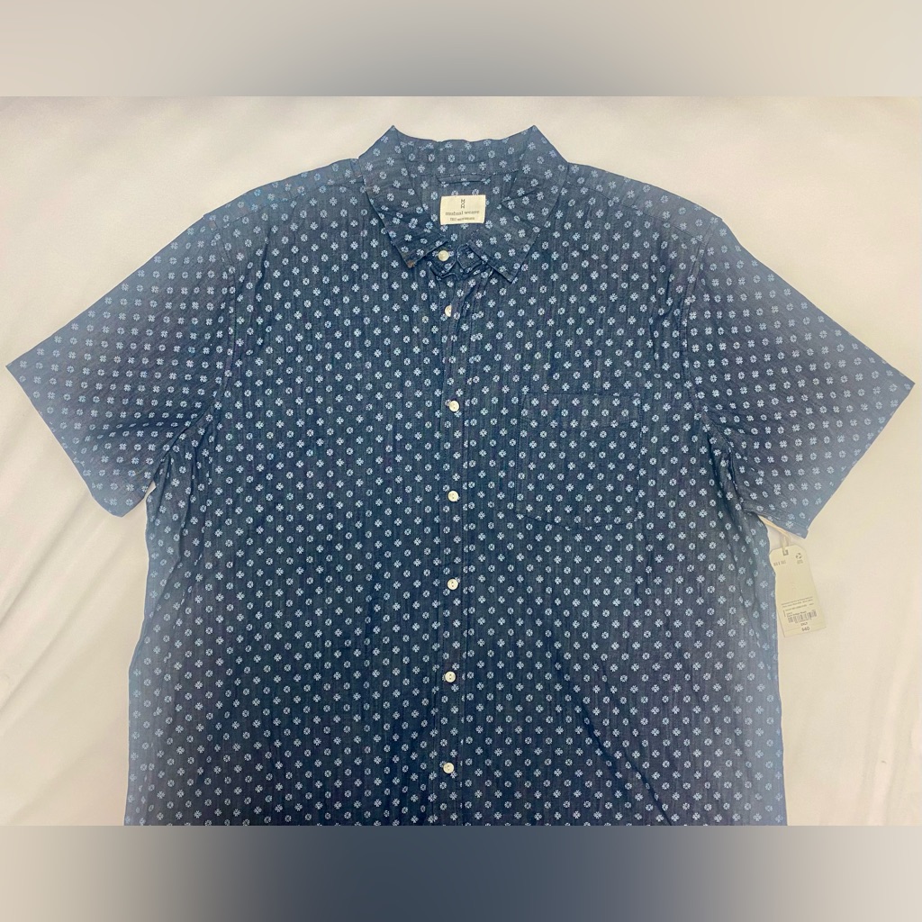 Mutual Weave Dark Indigo Wash Patterned Short Sleeve Button Down Shirt